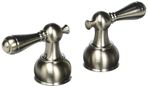 Pair of stainless steel lever handles with tapered bases and decorative finials on white background.