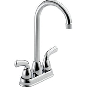 Chrome two-handle bar faucet with curved gooseneck spout and lever handles on square base.