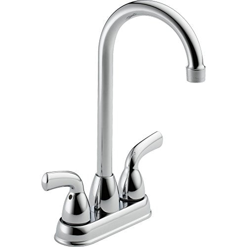Chrome two-handle bar faucet with curved gooseneck spout and lever handles on square base.