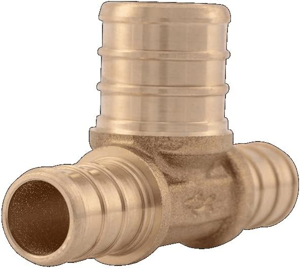 Brass reducing tee coupling with three barbed connection ports at different angles.