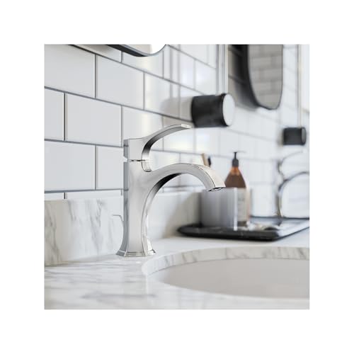 Chrome single-hole bathroom faucet with curved spout and black handle on marble countertop.