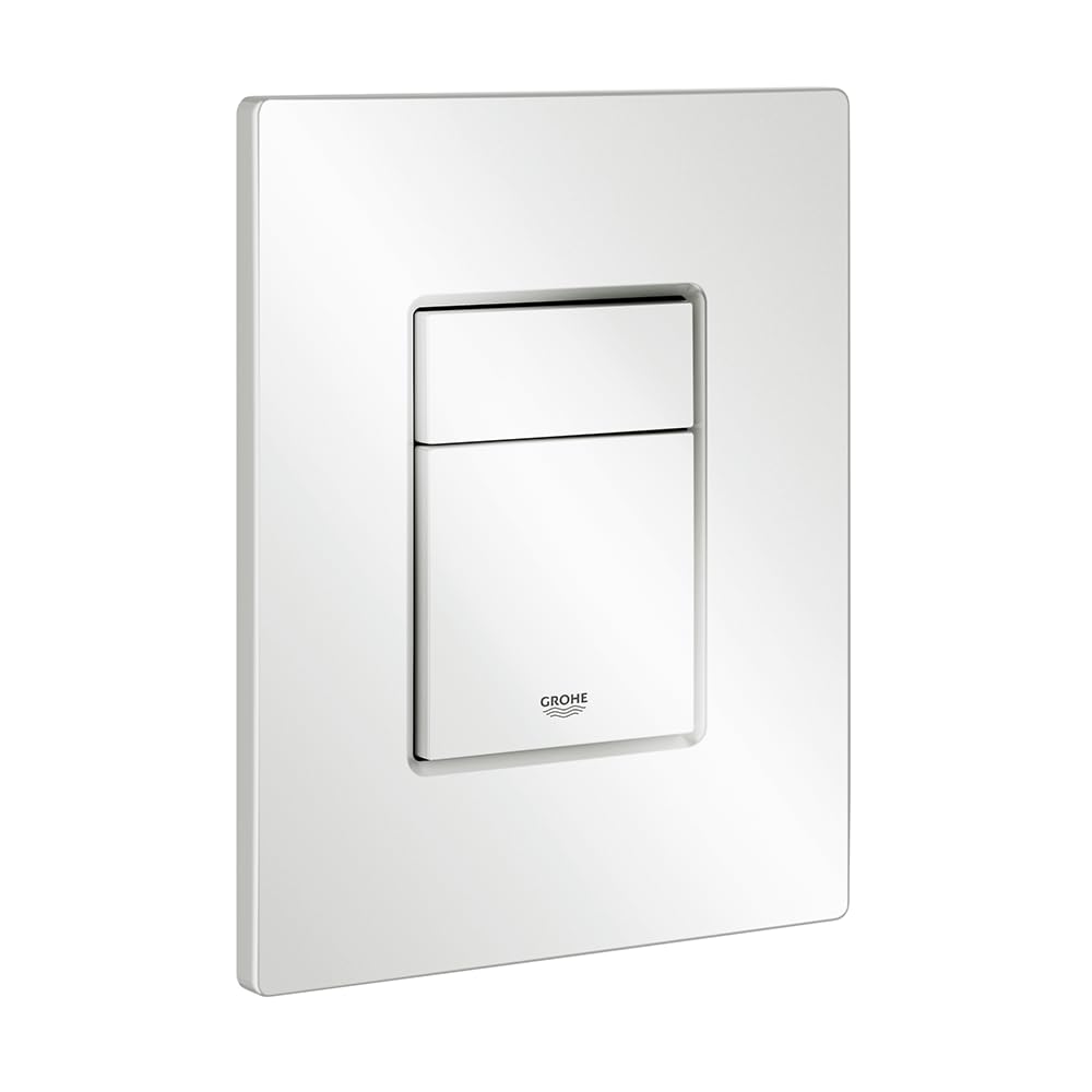 White rectangular Grohe Skate wall plate with centered flush button control and dual horizontal lines.