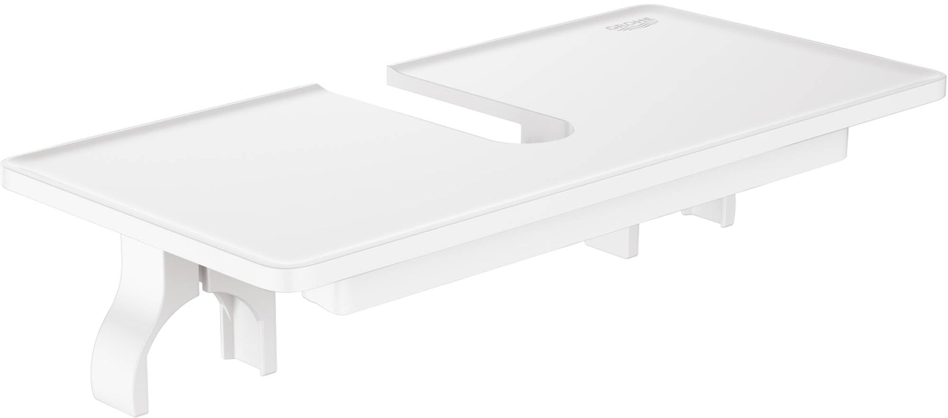 White bathroom shelf tray with two sections and curved support brackets mounted on wall.