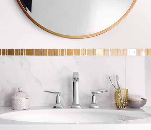Chrome widespread bathroom faucet with lever handles and pop-up drain on white sink.