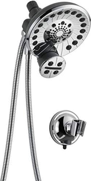 Chrome dual showerhead system with flexible hose and round wall-mounted control valve.