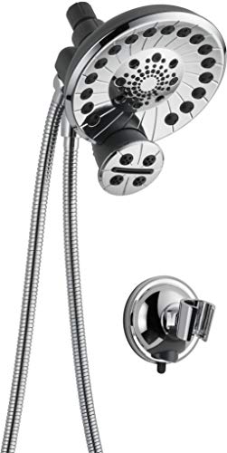 Chrome dual showerhead system with flexible hose and round wall-mounted control valve.
