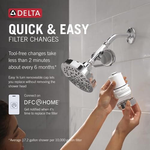 Chrome shower filter attachment with removable cap being held by a hand, demonstrating quick filter cartridge replacement.