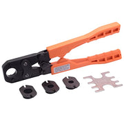 Orange and black PEX crimp tool with interchangeable die heads and metal fitting gauge included.
