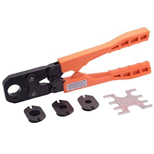 Orange and black PEX crimp tool with interchangeable die heads and metal fitting gauge included.