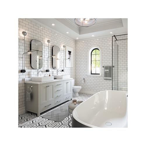 Polished nickel single-hole bathroom faucet with curved spout and lever handle mounted on white subway tile vanity.