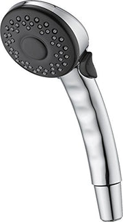 Chrome handheld shower head with black faceplate and multiple spray holes, attached to chrome handle.