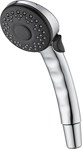 Chrome handheld shower head with black faceplate and multiple spray holes, attached to chrome handle.