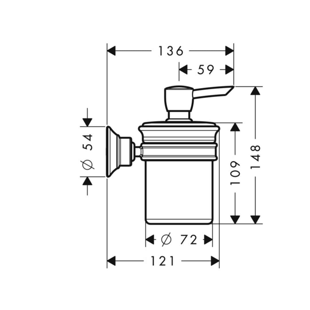Chrome soap dispenser with wall-mounted bracket, cylindrical glass container, and lever pump with dimensions labeled.