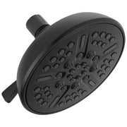 Matte black round shower head with multiple spray nozzles and adjustable arm connection.