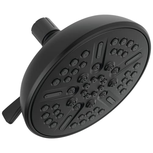 Matte black round shower head with multiple spray nozzles and adjustable arm connection.