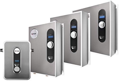 Four stainless steel Eemax tankless water heaters in increasing sizes with digital displays and control dials.