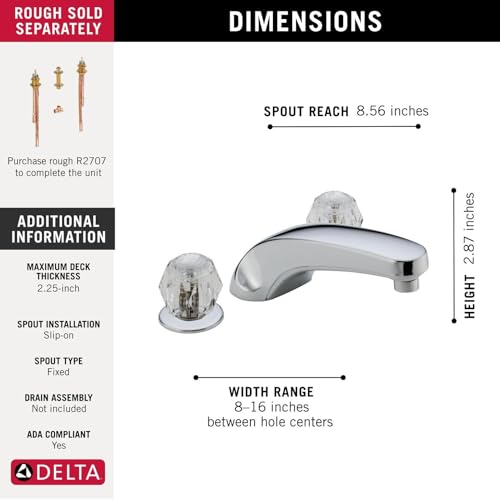 Chrome two-handle roman tub trim with curved spout, 8.56-inch reach and 2.52-inch height.