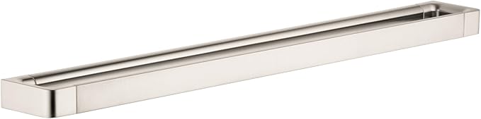 Brushed nickel towel bar with rectangular mounting plates at each end, 24 inches long.
