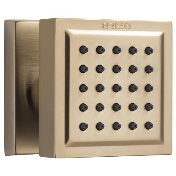 Brushed gold square shower body spray with 25 small circular nozzles arranged in grid pattern.