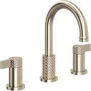 Three-piece satin nickel lavatory faucet with curved center spout and cross handles with knurled grip detail.