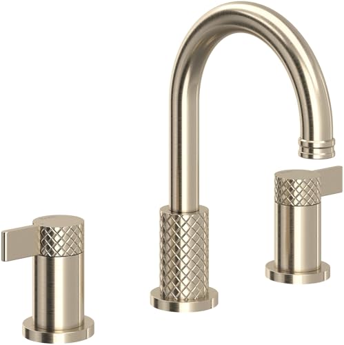 Three-piece satin nickel lavatory faucet with curved center spout and cross handles with knurled grip detail.