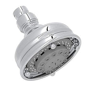 Polished chrome 4-inch round showerhead with adjustable spray jets and threaded connection arm.
