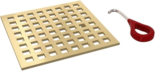 Square antique gold decorative drain cover with grid pattern cutouts and matching removal tool with red handle.