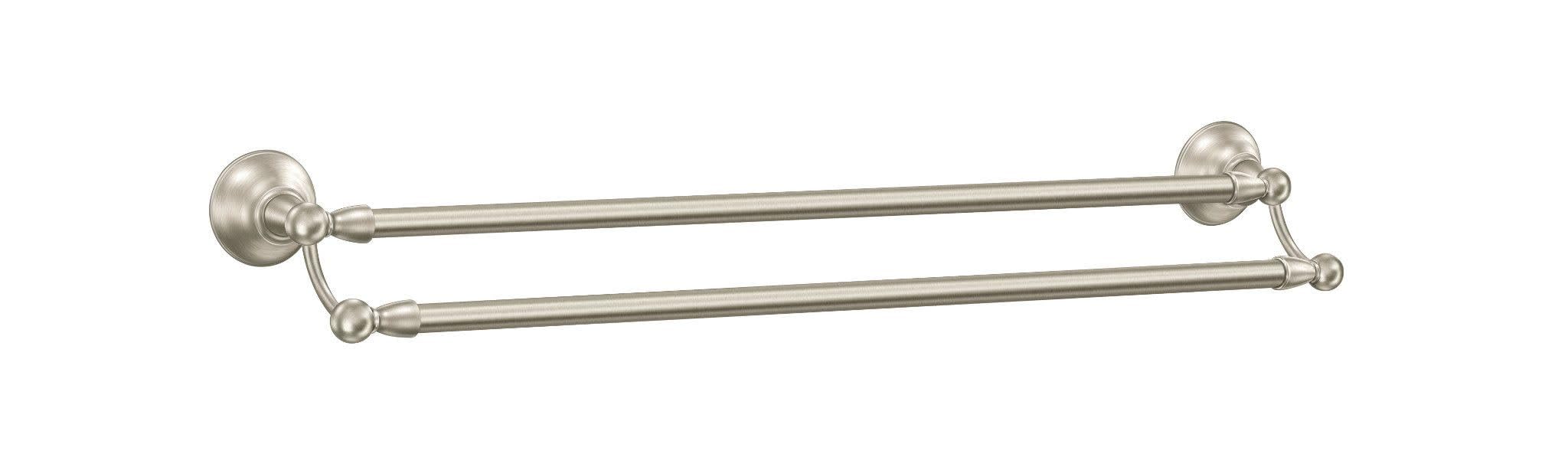 Brushed nickel double towel bar with two parallel horizontal rods and circular wall-mounted end caps.