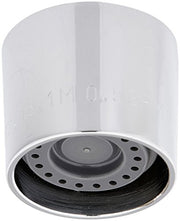 Chrome and white cylindrical aerator assembly with perforated circular base and internal flow control mechanism.