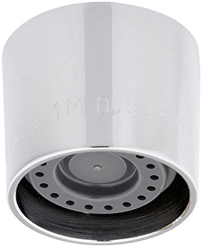 Chrome and white cylindrical aerator assembly with perforated circular base and internal flow control mechanism.