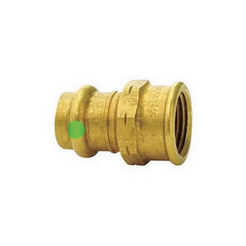Bronze press adapter fitting with 1/2" press connection on left and 3/8" threaded outlet on right, green indicator ring visib