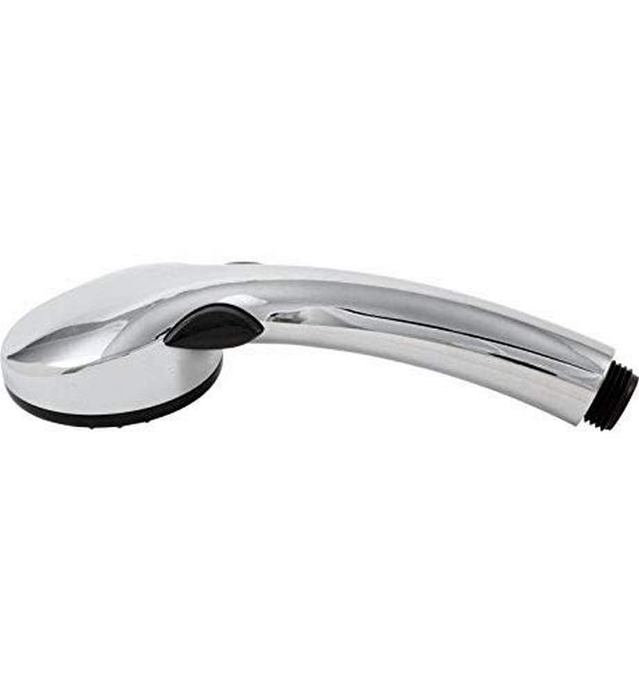 Chrome hand shower head with curved handle and black grip ring on connection end.