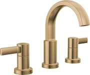 Champagne bronze widespread bathroom faucet with curved spout and two lever handles.