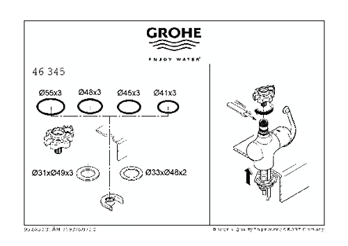 Grohe shank mounting kit diagram showing chrome components and assembly parts with size specifications.