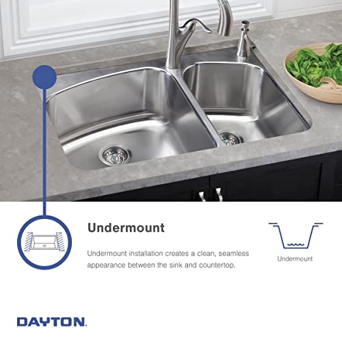 Stainless steel double bowl undermount sink installed beneath countertop with chrome faucet.