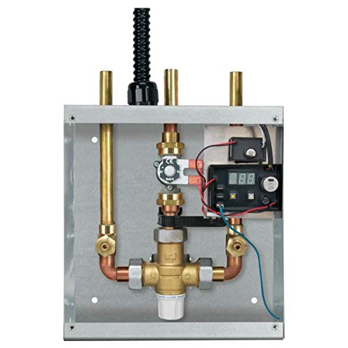 Rough-in control box with brass fittings, copper tubing, electronic valve module, and black coiled inlet hose.