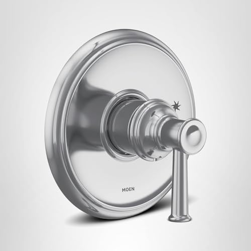 Chrome single-handle shower valve trim with circular escutcheon plate and lever handle.