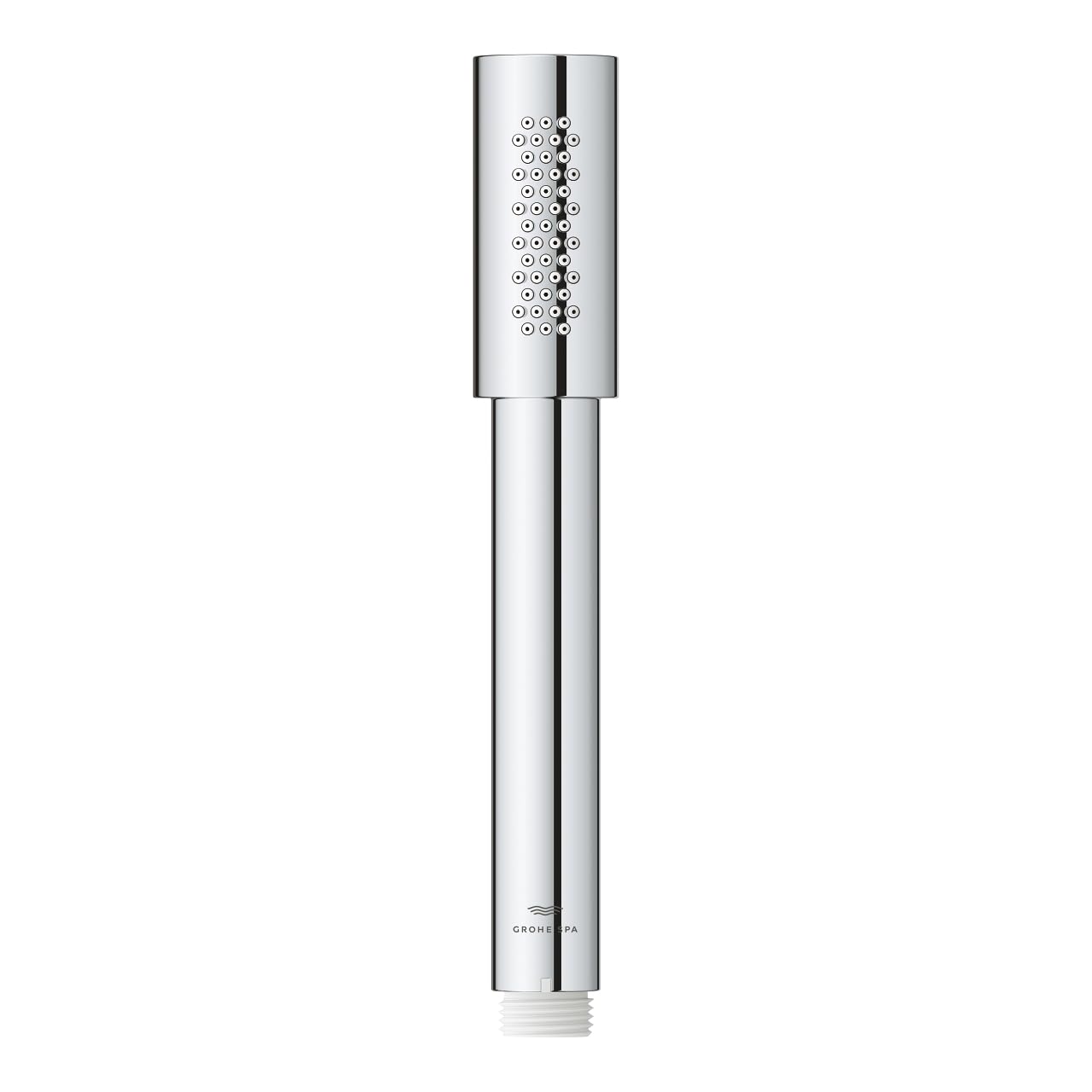 Chrome hand shower with cylindrical head featuring multiple spray holes and threaded connection.
