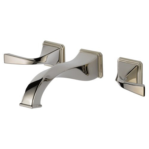 Polished nickel wall-mount faucet with curved spout and two lever handles mounted on square backplates.