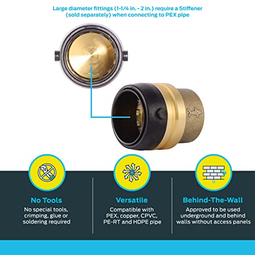 Brass push-to-connect end cap fitting with black grip collar, 1-1/4 inch diameter, disassembled view shown.