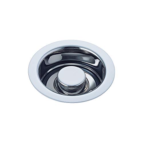 Chrome and black kitchen sink flange stopper with rubber seal ring for garbage disposal.