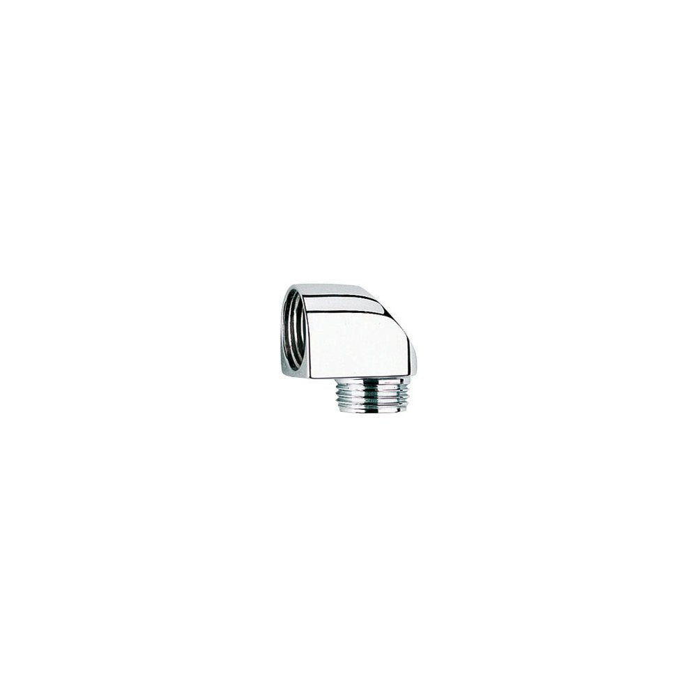 Chrome 90-degree elbow connector with threaded male end and female socket connection for shower valve plumbing.