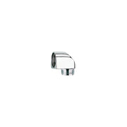 Chrome 90-degree elbow connector with threaded male end and female socket connection for shower valve plumbing.
