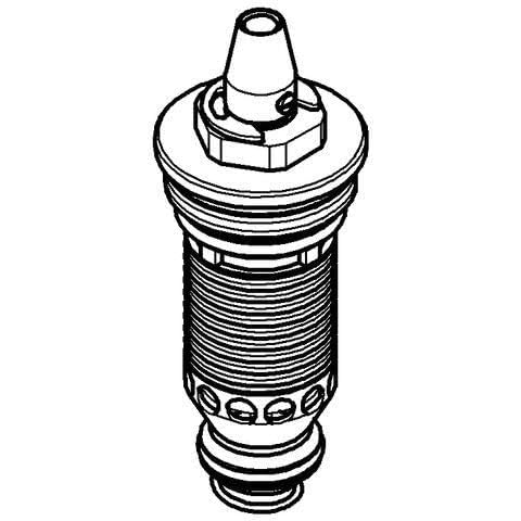 Chrome thermostatic cartridge with threaded cylindrical body and hexagonal fitting top for 3/4" plumbing applications.