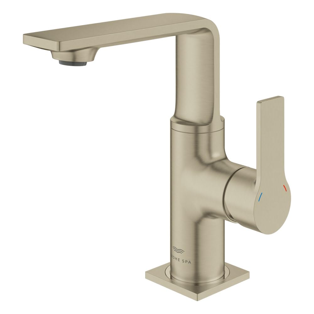 Chrome single-hole bathroom faucet with single lever handle and rectangular spout in brushed nickel finish.