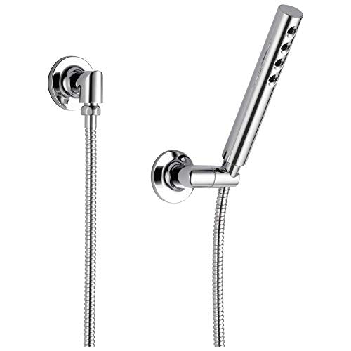Chrome wall-mounted handshower with curved handle and two flexible hoses attached to round mounting brackets.