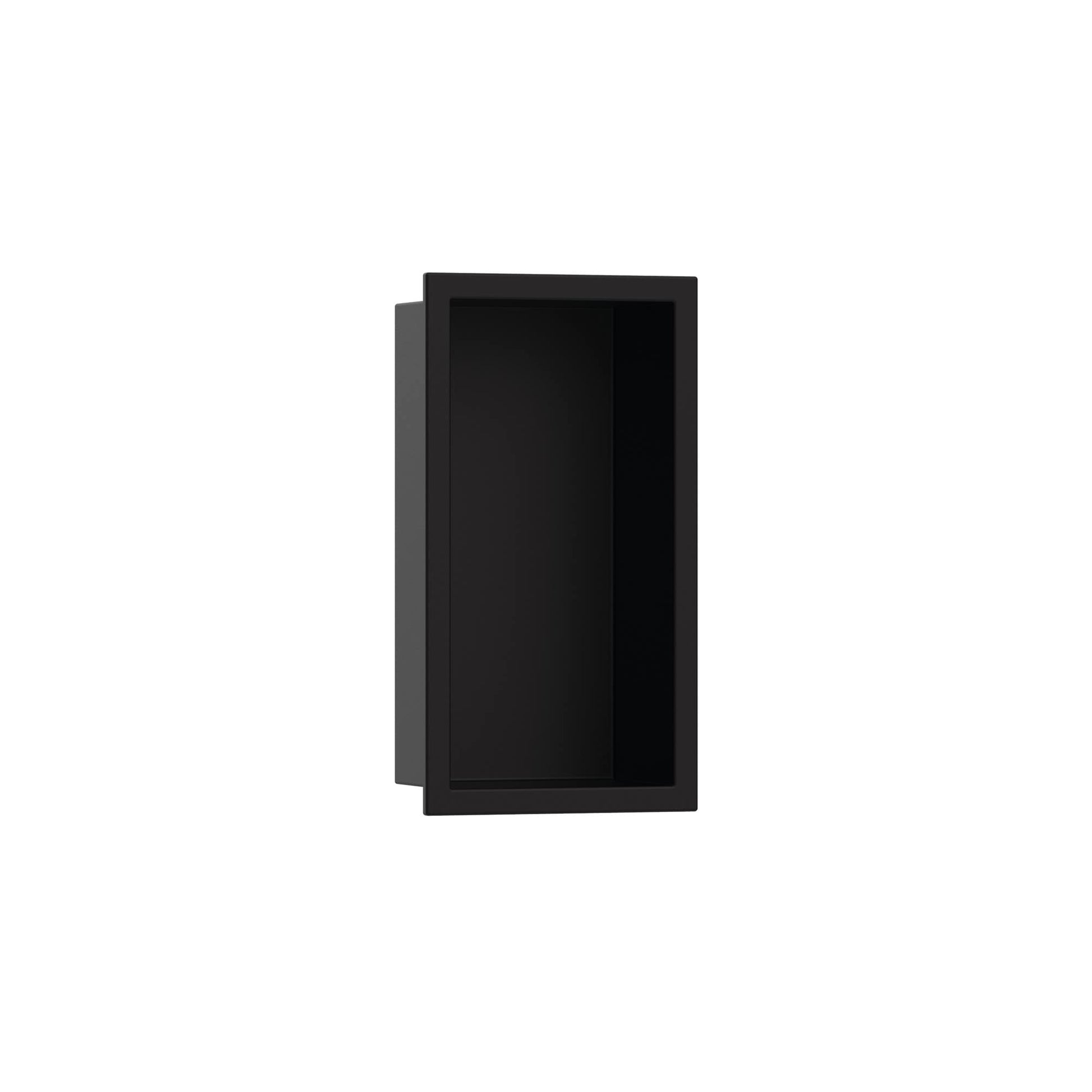Matte black rectangular wall niche with integrated frame and open storage compartment.