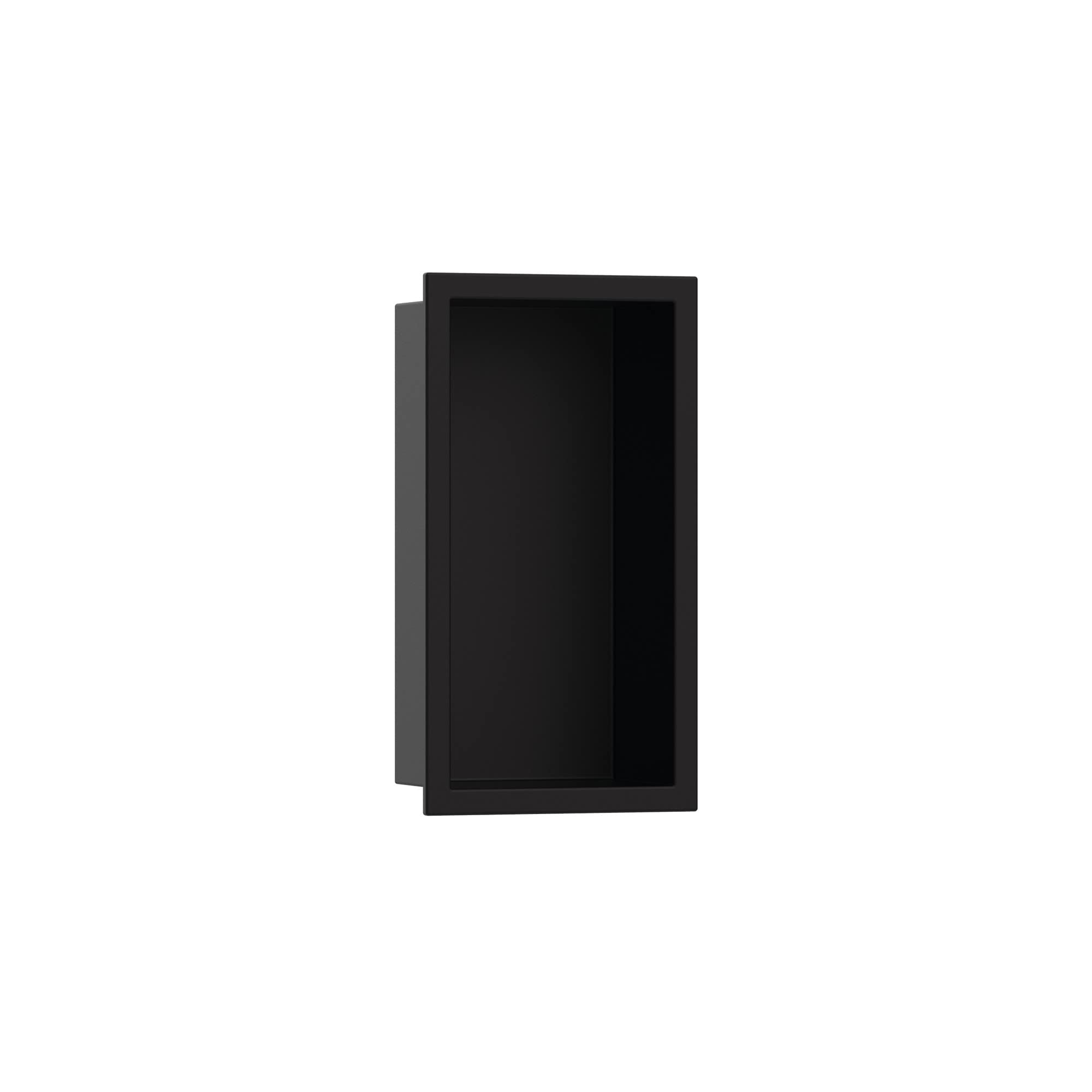 Matte black rectangular wall niche with integrated frame and open storage compartment.
