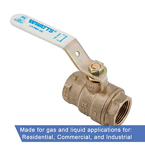 Brass ball valve with white and blue lever handle, two female threaded ports, and Watts branding.