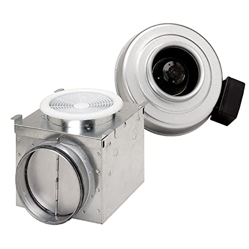 Fantech PB190 bath fan unit with white grille and round duct connector shown disassembled.